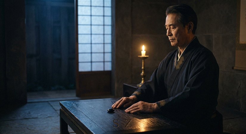 Spēlētājs pie rakstāmgalda ar kārtīm un žetoniem, fokusēts izteiksmes